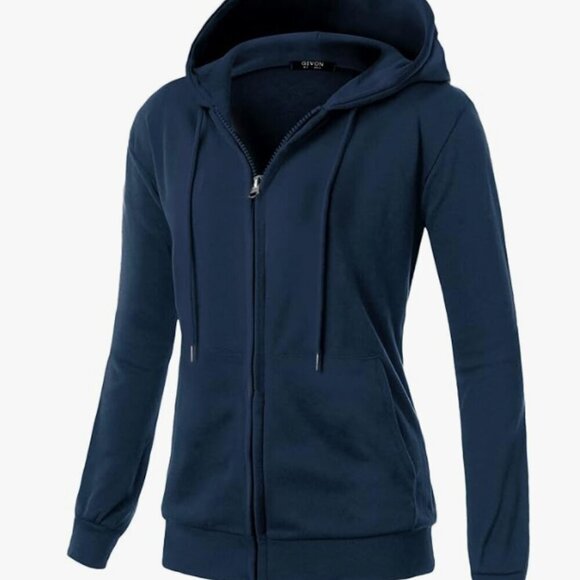 Basic Lightweight Zip Up Hoodie Long Sleeve Large Navy Hooded Sweatshirt - Picture 1 of 6